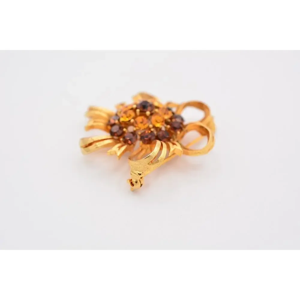 Lisner Vintage Flower Pin Brooch Amber Rhinestone Crystal Gold Signed 50s Bin5B